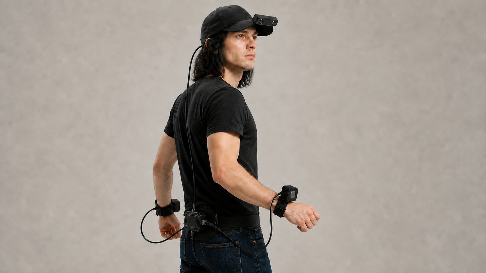 Person wearing the OpenRobot Full Rig: Stereo-cap on the head and a Mono camera on each wrist